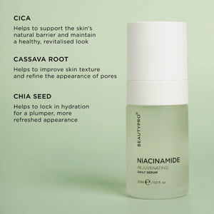 BEAUTYPRO Niacinamide serum key ingredients — CICA, cassava root and chia seed for clearer balanced skin