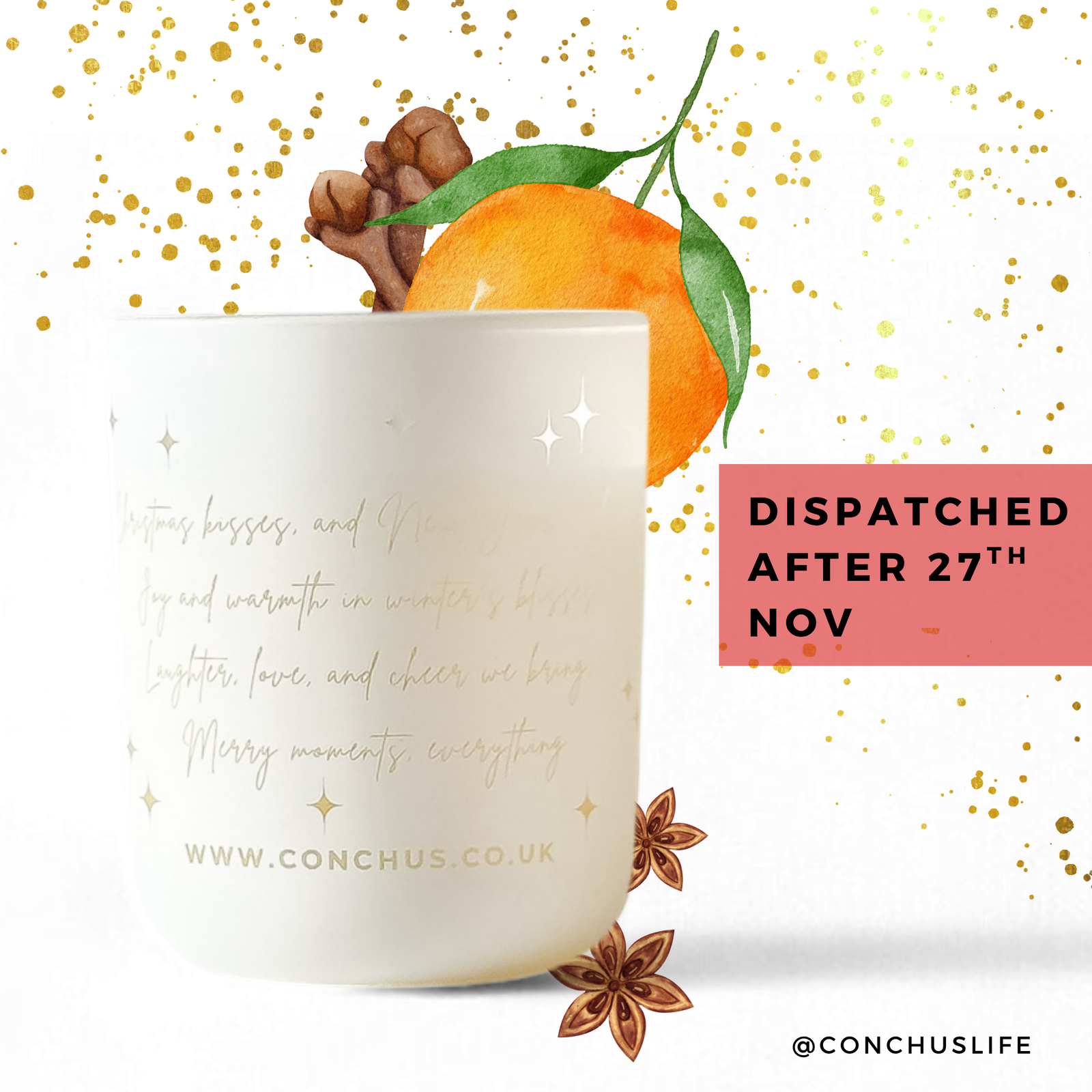 CONCHUS MERRY Botanical Candle in etched white vessel with festive orange and spice illustrations 