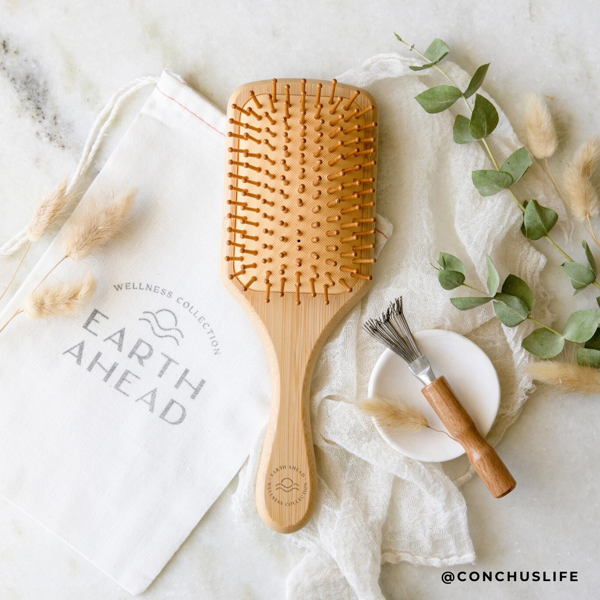 Large Square Bamboo Hairbrush with Cleaner | Eco Friendly: Brush + Cleaner + Pouch