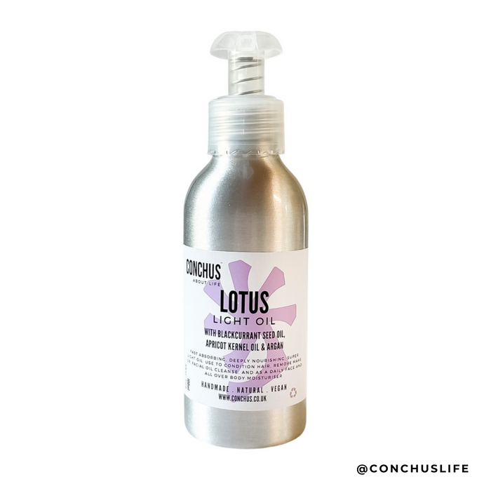 Lotus Light Oil in an aluminium bottle with reusable pump
