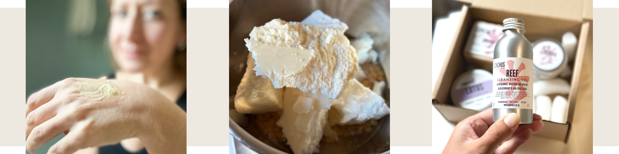 Hand with a small amount of natural skincare balm applied, demonstrating CONCHUS gentle vegan formulas.