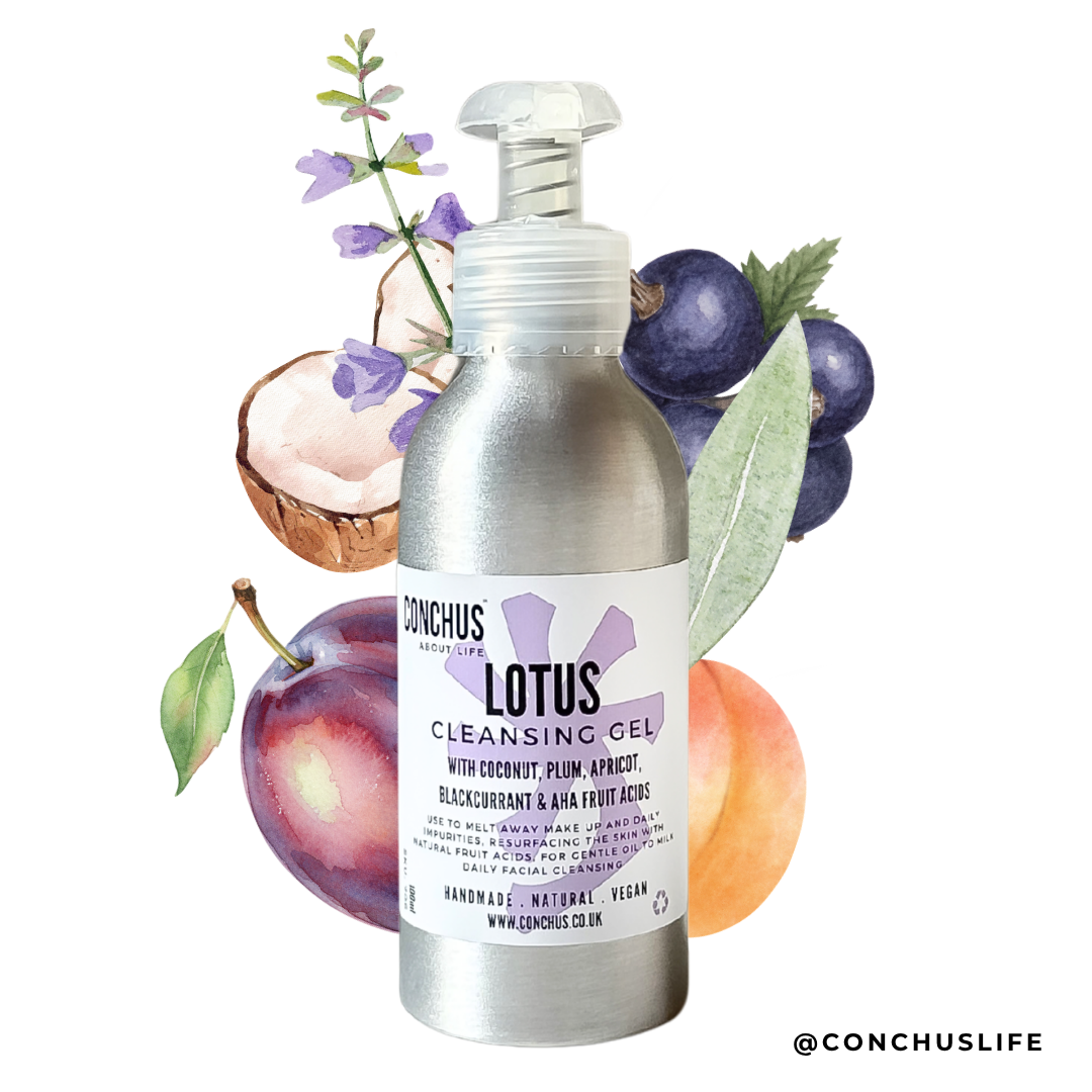 Lotus Cleansing Gel, a handmade vegan oil-to-milk cleanser in a 100g aluminium bottle, with plum, apricot, blackcurrant, coconut and clary sage