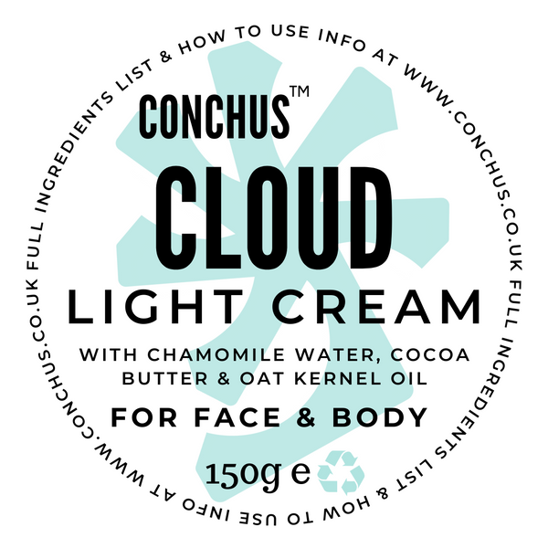 Cloud Light Cream label - unscented vegan face and body cream with chamomile water, cocoa butter and oat kernel oil