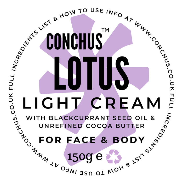 Lotus Light Cream label - vegan face and body cream with blackcurrant seed oil and unrefined cocoa butter