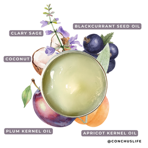 Lotus Cleansing Gel texture with its key ingredients: blackcurrant seed oil, plum kernel oil, apricot kernel oil, coconut and clary sage