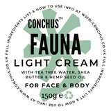 Fauna Light Cream label - vegan face and body cream with tea tree water, shea butter and hemp seed oil