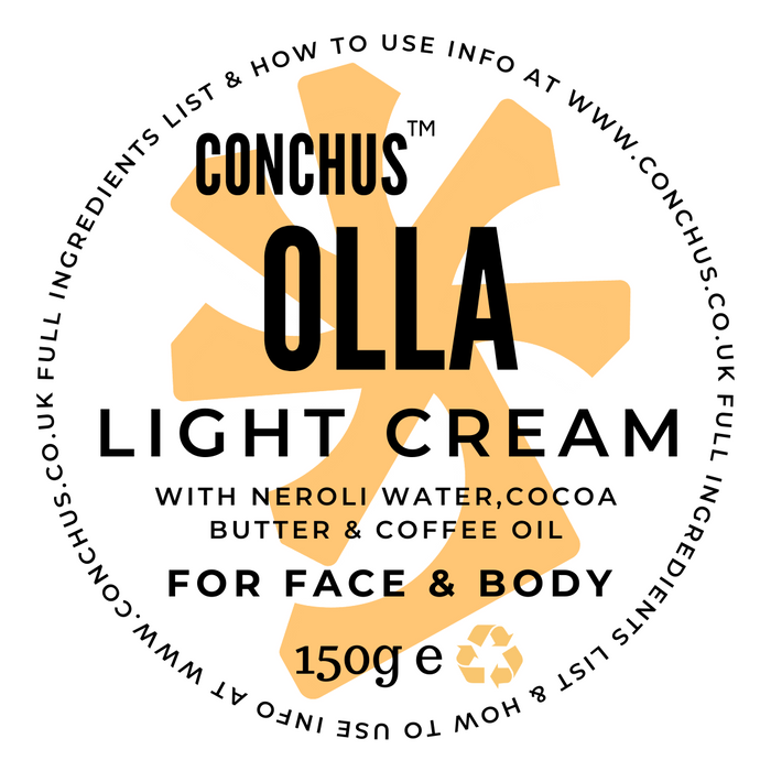 Olla Light Cream label - vegan face and body cream with neroli water, cocoa butter and coffee seed oil