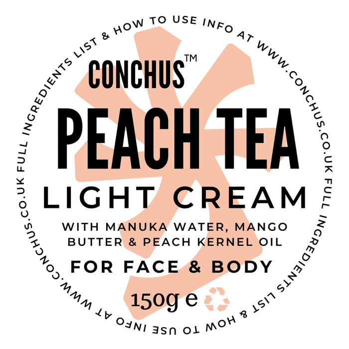 Peach Tea Light Cream label - vegan face and body cream with manuka water, mango butter and peach kernel oil