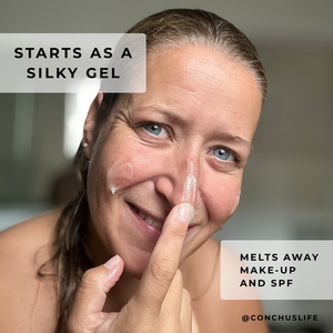 Applying Lotus Cleansing Gel to dry skin - it starts as a silky gel that melts away make-up and SPF