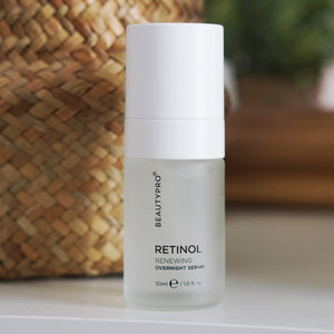 BEAUTYPRO Retinol Overnight Serum in natural home setting — vegan Korean skincare overnight treatment