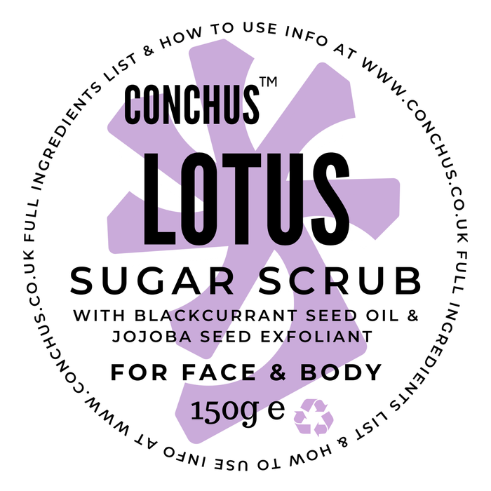 Lotus Sugar Scrub label - face and body scrub with blackcurrant seed oil and jojoba seed exfoliant, 150g