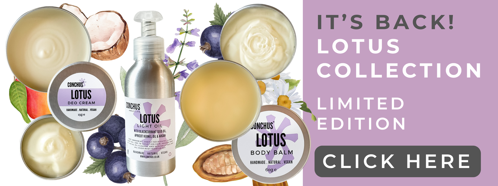 CONCHUS Lotus Collection Limited Edition vegan plastic free skincare handmade in the UK