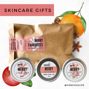 CONCHUS MERRY Skincare Trio Gift Pack with biodegradable pouch and three festive mini products — Light Cream, Deo Cream and Lip Gloss