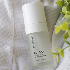 BEAUTYPRO Retinol 1% Overnight Serum lifestyle shot — plant-based overnight serum with Ocean Retinol