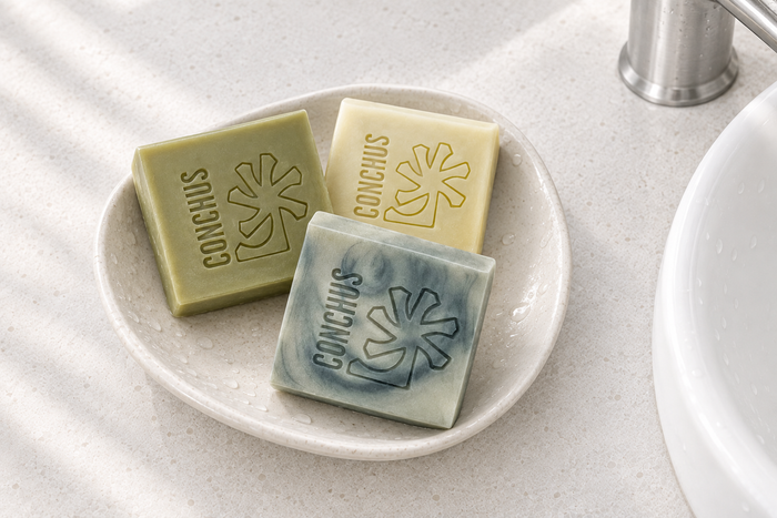 CONCHUS handmade plastic free soap bars for hair, face and body beside a bathroom basin and tap