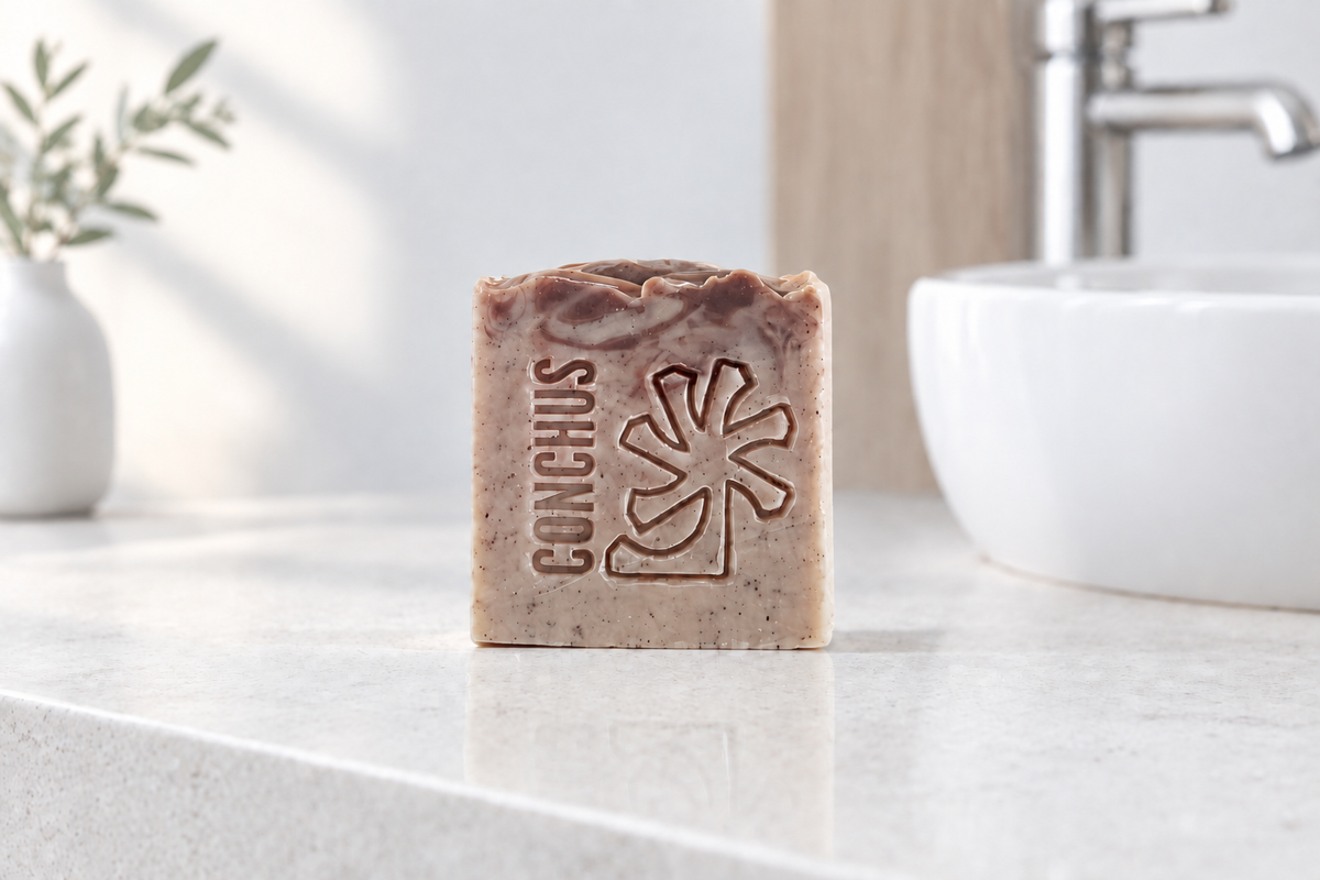 CONCHUS Olla handmade exfoliating soap bar with brown swirls, in a natural bathroom setting