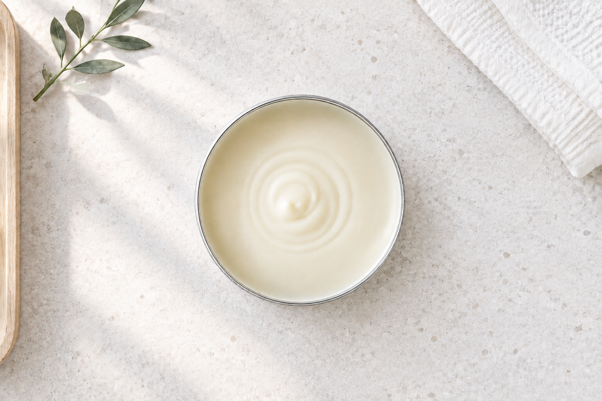 Open tin of CONCHUS aluminium free natural deodorant cream, showing its smooth, creamy texture