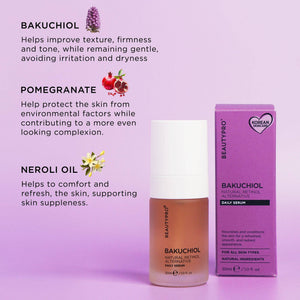 BEAUTYPRO Bakuchiol serum key ingredients — bakuchiol, pomegranate and neroli oil for renewing gentle skincare