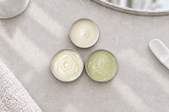 Open CONCHUS trial size tins of handmade vegan skincare in a bathroom