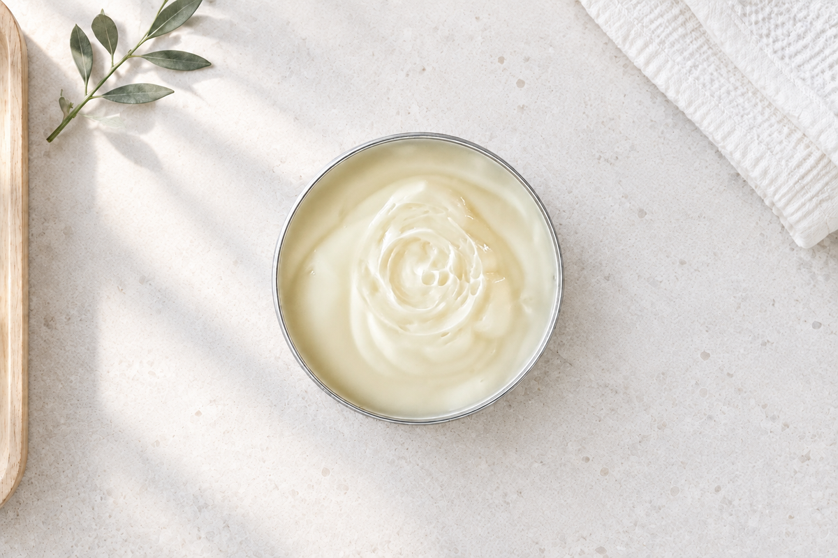 Open tin of CONCHUS whipped vegan light cream for face and body, on pale stone and linen