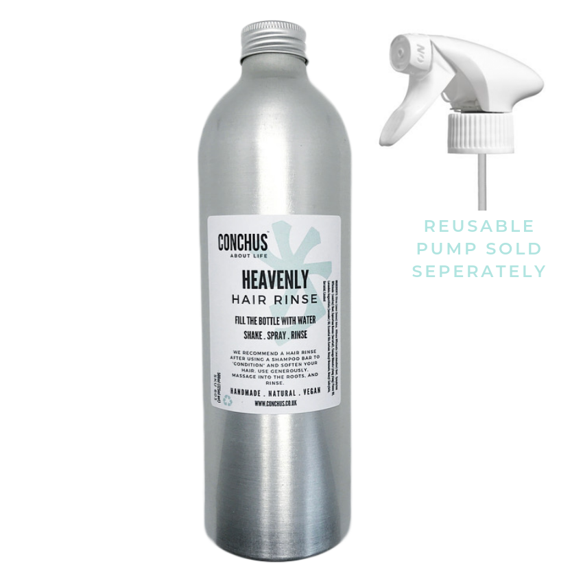 Heavenly natural hair rinse bottle with pump spray, vegan plastic free conditioner alternative